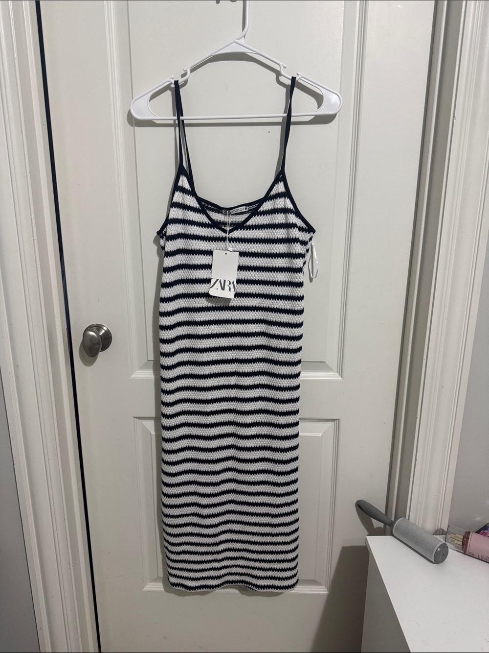 Zara Navy and White Striped Knit Slip Dress